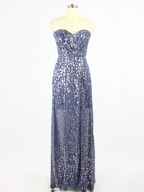 ERIN by ERIN FETHERSTON Navy Gold Silk Chiffon Strapless Wrap Maxi Gown, Size 2
